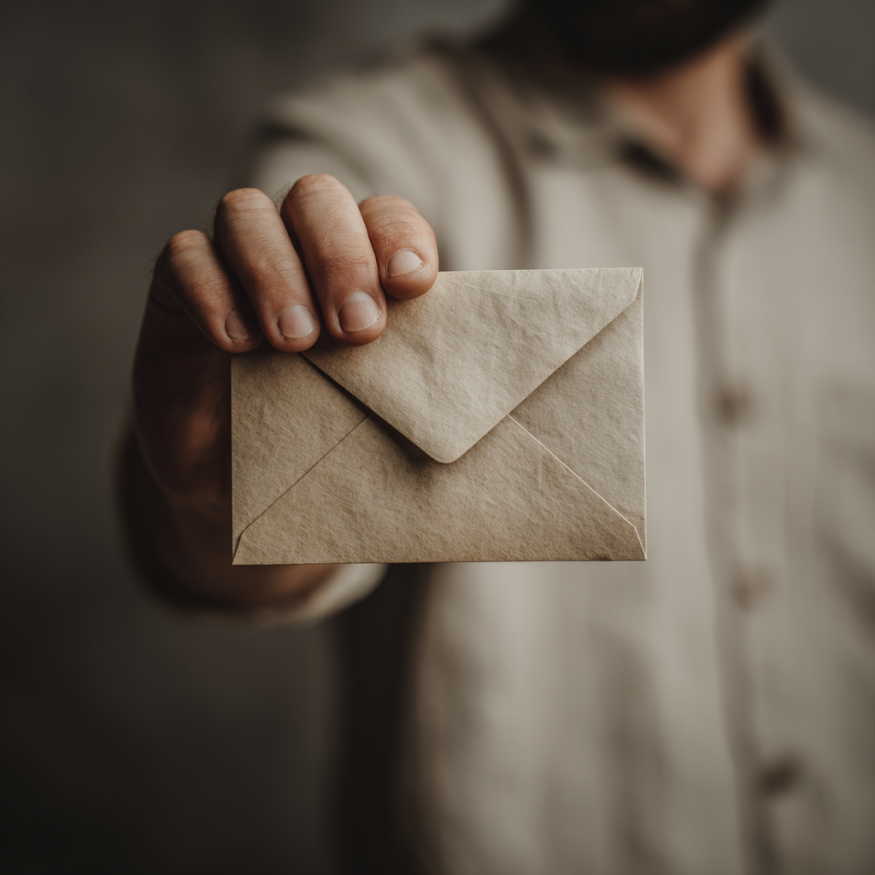 A man holding out an envelope | Source: Midjourney