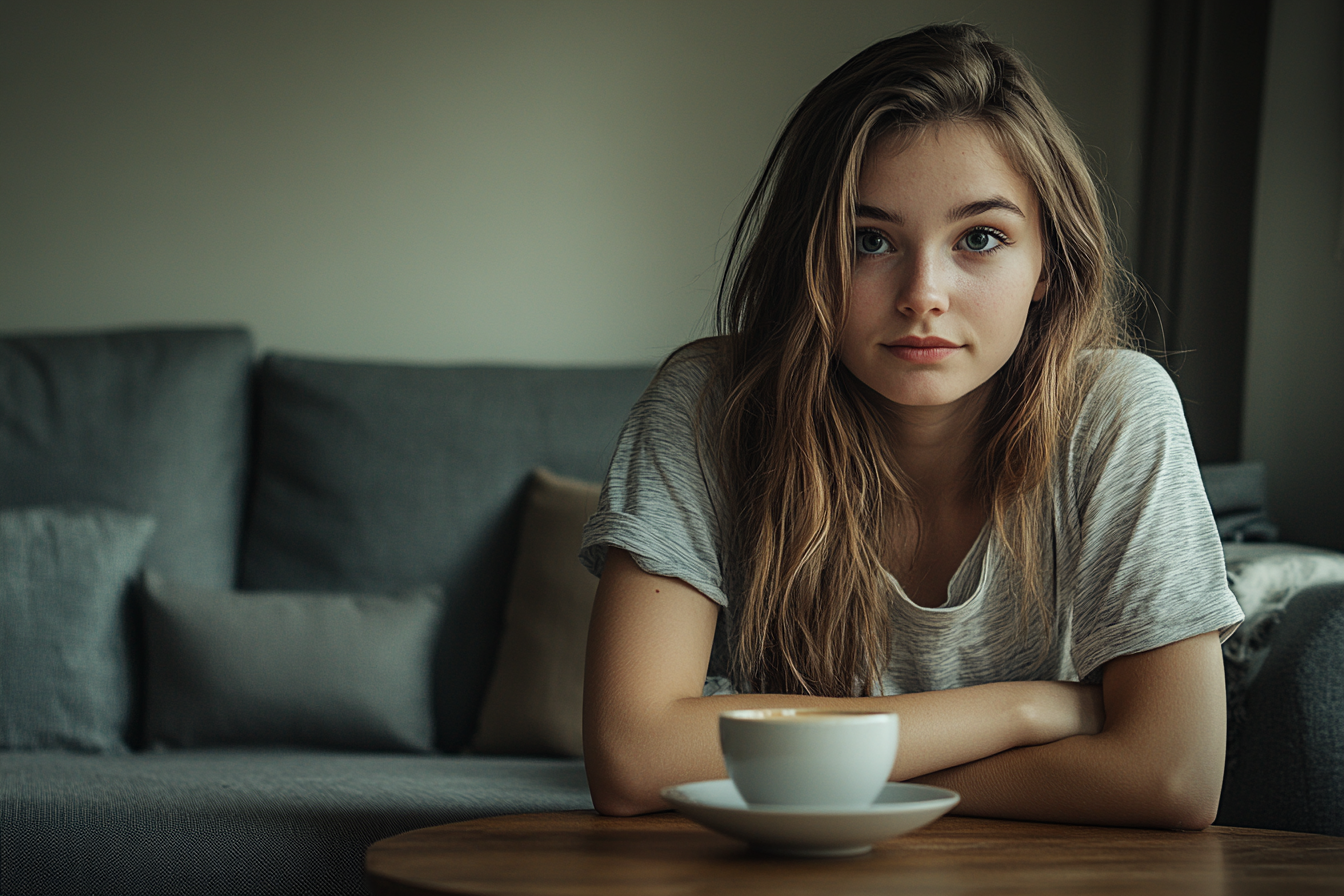 A young girl leaning on a coffee table | Source: Midjourney