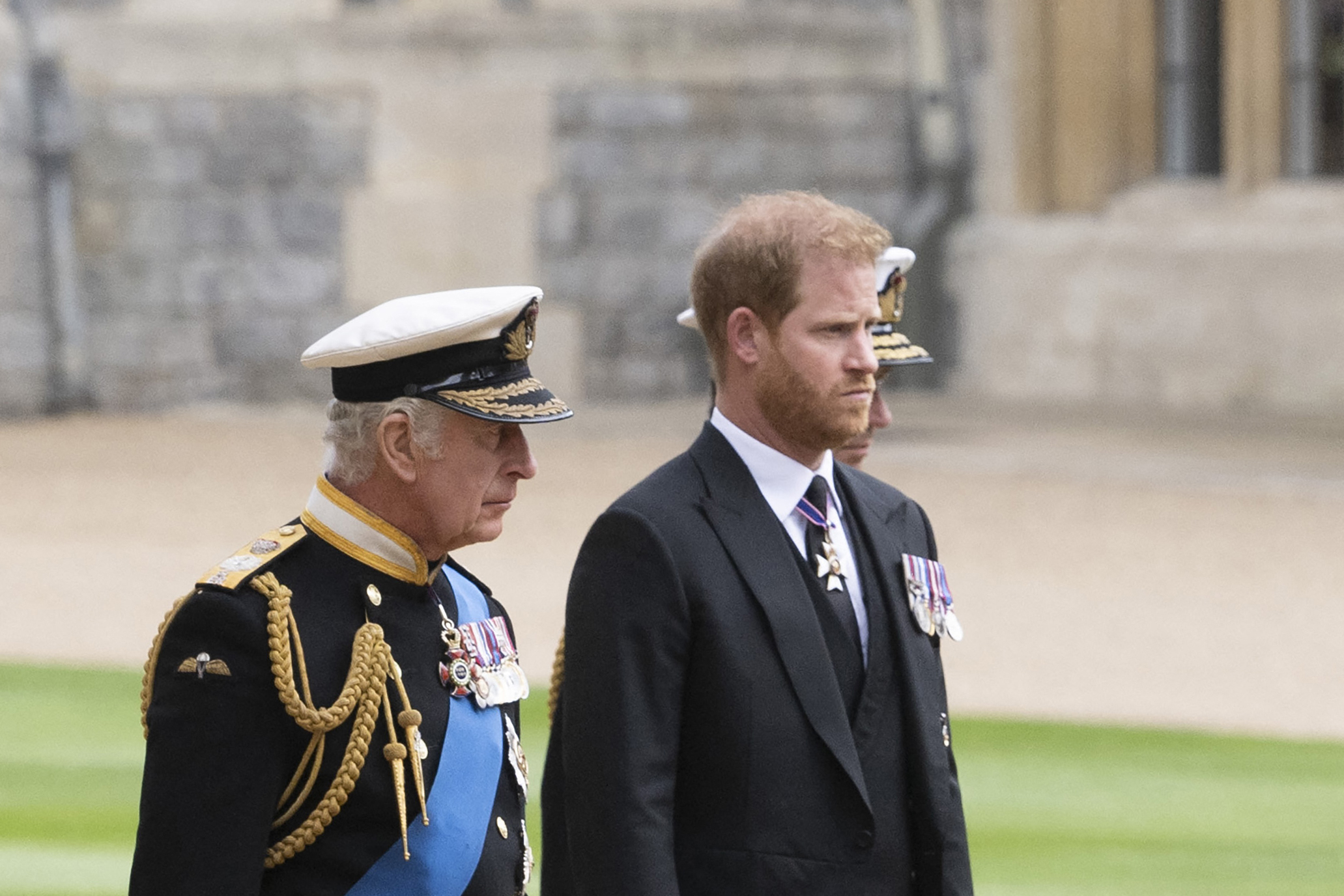 King Charles III with his son Prince Harry arrive at St George's Chapel in Windsor Castle on September 19, 2022, ahead of the Committal Service for Queen Elizabeth II | Source: Getty Images