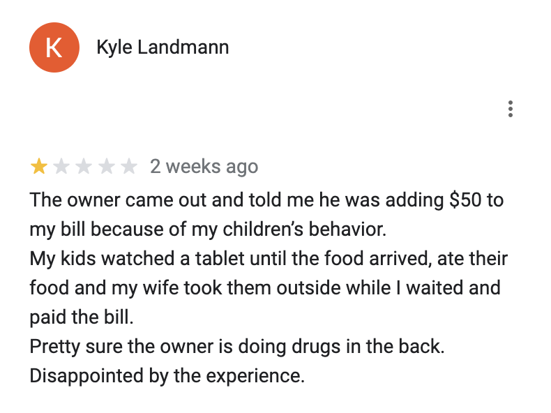 A negative customer review on the Toccoa Riverside Restaurant | Source: google.com/maps/reviews