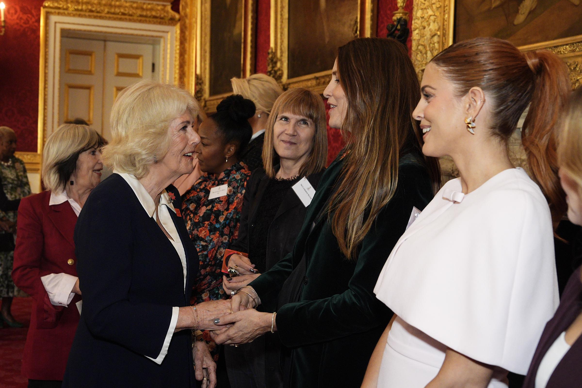 Queen Camilla speaks with Saffron Burrows during a reception at St James's Palace to mark International Women's Day on 10 March 2026 in London, England. | Source: Getty Images