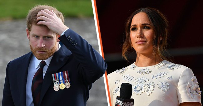 Prince Harry presents 12 pilots from course 17/02 of the Army Air Corps with their Wings during a ceremony at the Museum of Army Flying on March 16, 2018[left]  Meghan Markle at Global Citizen Live on September 25, 2021 [right] | Photo: Getty Images
