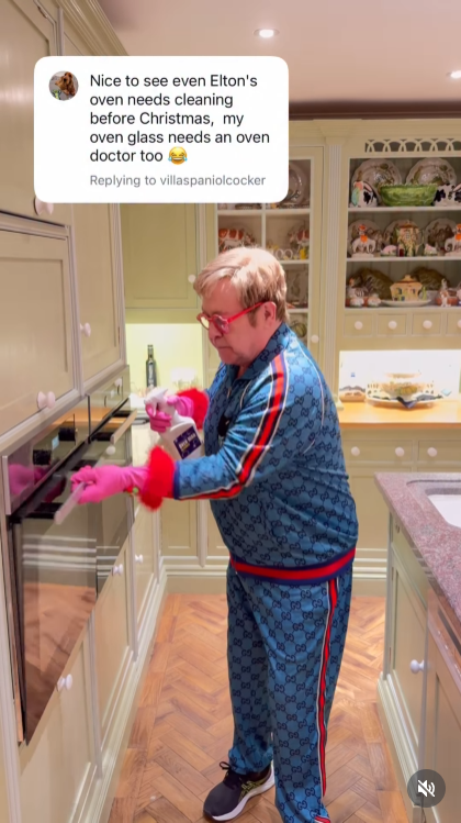 With one final furious swipe, John slams the oven door shut — instantly silencing the music and sealing his victory in the most glamorous cleaning showdown Windsor has ever seen. | Source: Instagram/eltonjohn