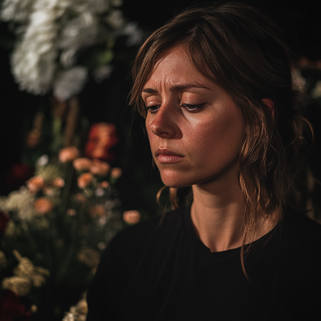 Emotional woman at her dad's funeral | Source: Midjourney