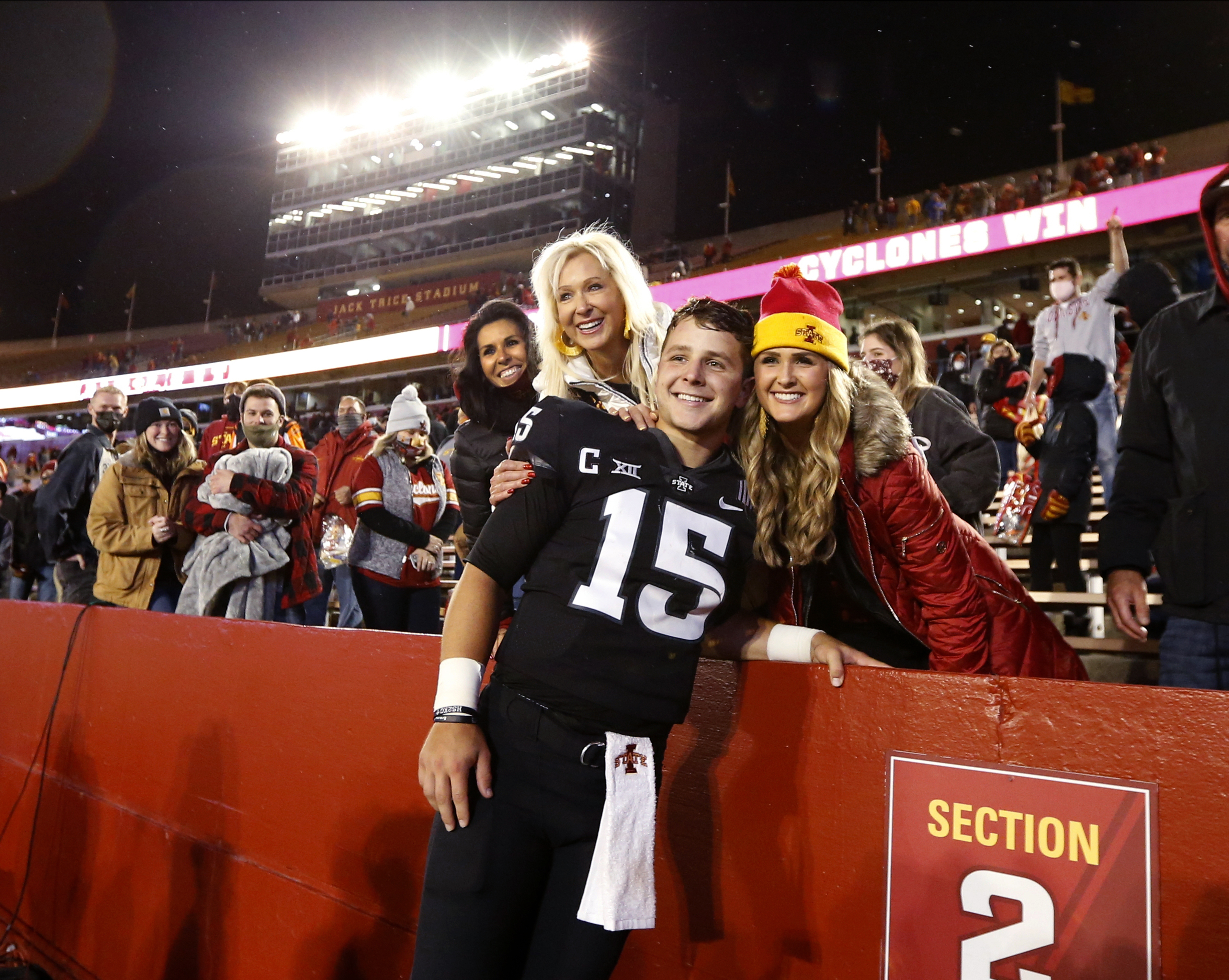 Brock Purdy with his mother Carrie Purdy, and sister Whitney Purdy at Jack Trice Stadium on October 3, 2020, in Ames, Iowa. | Source: Getty Images