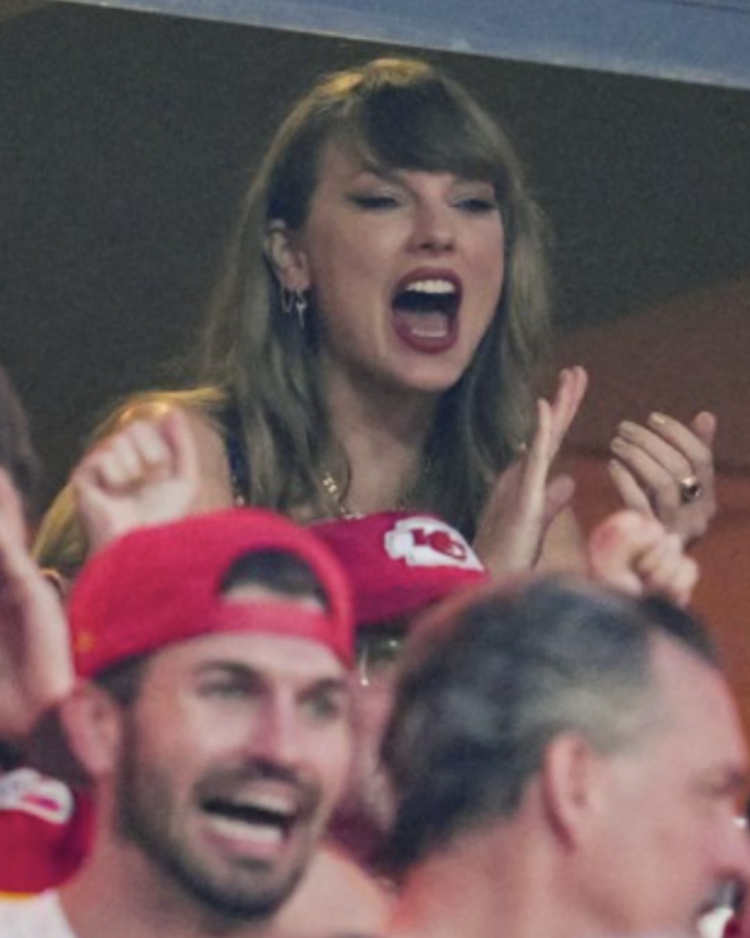 Taylor Swift shouting passionately at the Kansas City Chiefs game against the Baltimore Ravens, from an Instagram post, dated September 6, 2024 | Source: Instagram/pagesix/