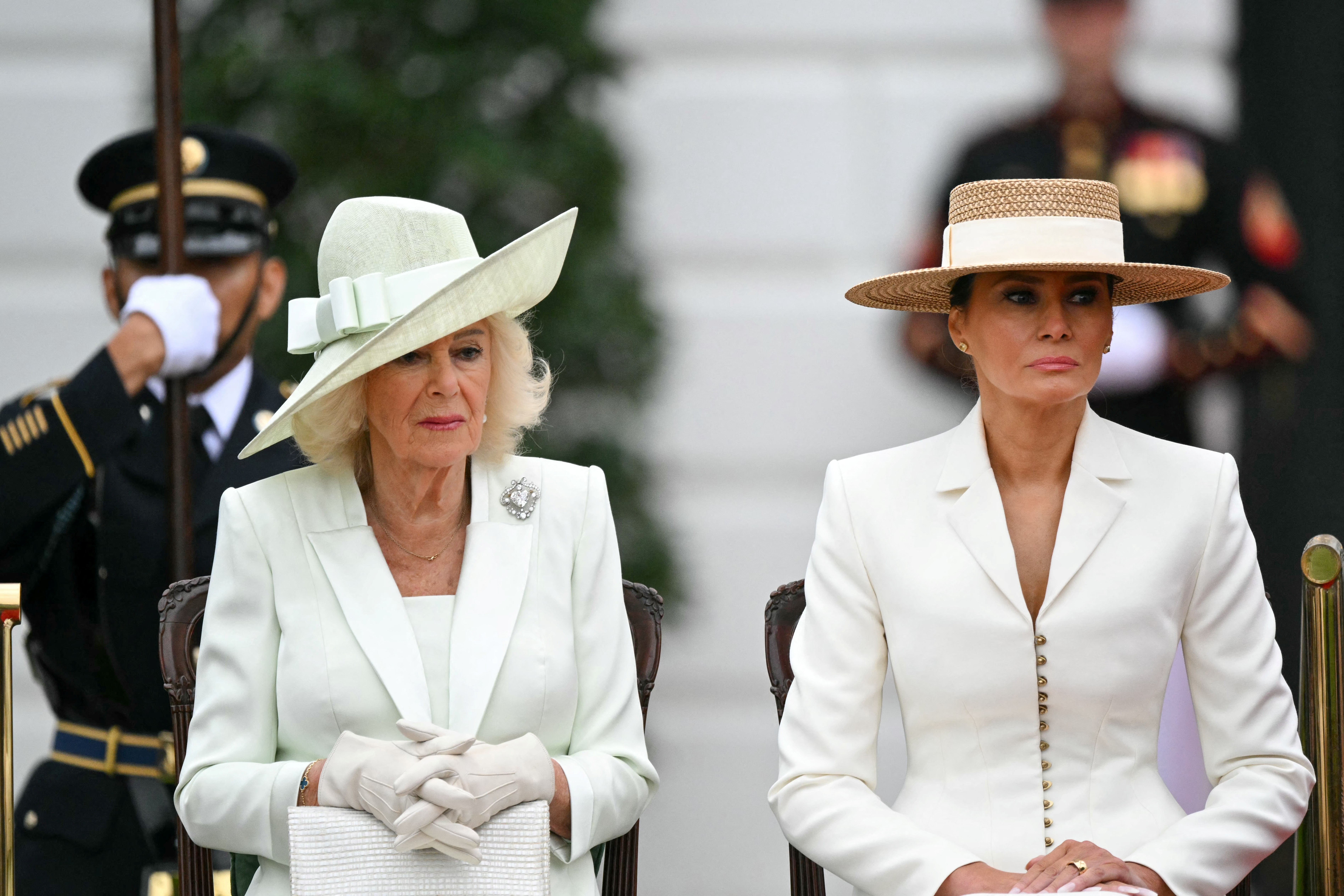 Melania Trump (R) and Queen Camilla look on during an arrival ceremony on the White House South Lawn, April 28, 2026. | Source: Getty Images