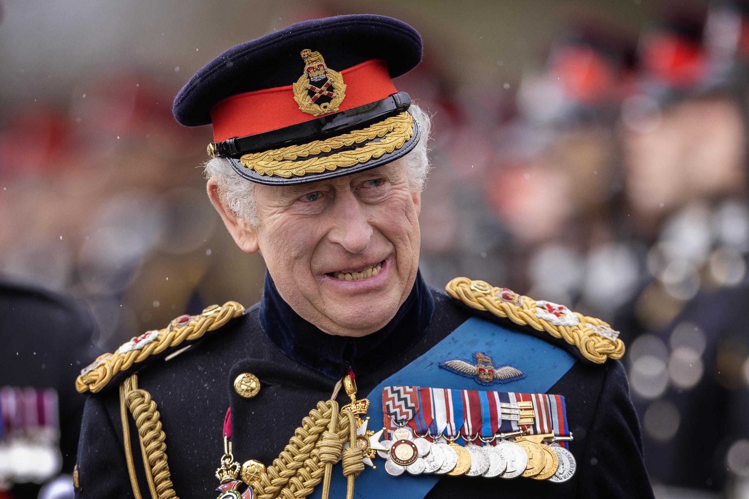 King Charles III inspects the 200th Sovereign's Parade at the Royal Military Academy Sandhurst in Camberley, England, on April 14, 2023 | Source: Getty Images