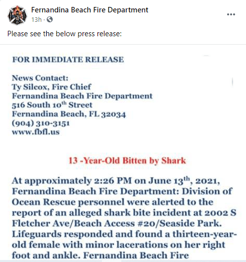 Fernandina Beach Fire Department's statement about the 13-year-old girl bitten by a shark | Photo: Facebook/Fernandina Beach Fire Department