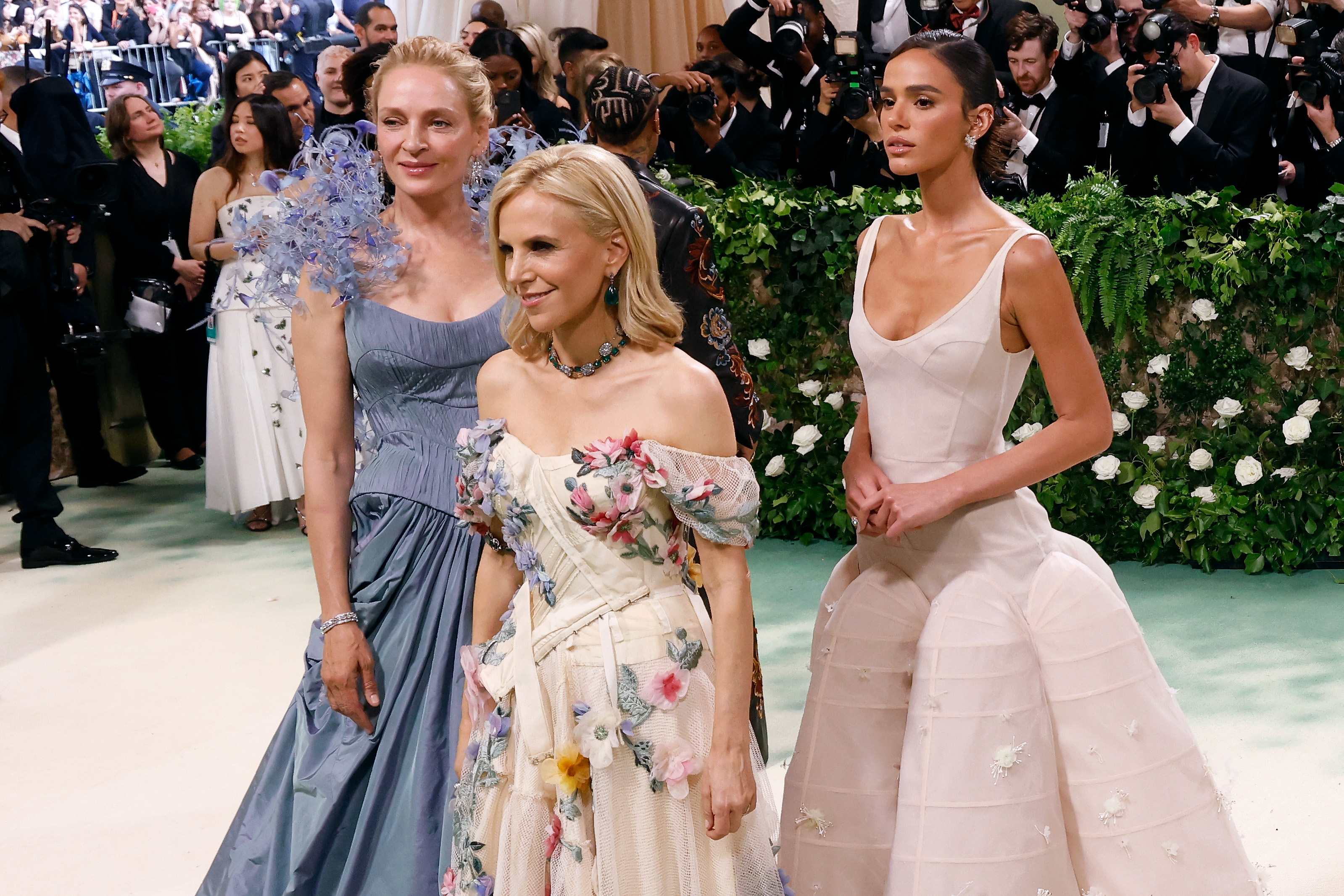 Uma Thurman, Tory Burch, and Bruna Marquezine attend the Costume Institute Benefit for "Sleeping Beauties: Reawakening Fashion" at The Metropolitan Museum of Art in New York City, on May 6, 2024. | Source: Getty Images