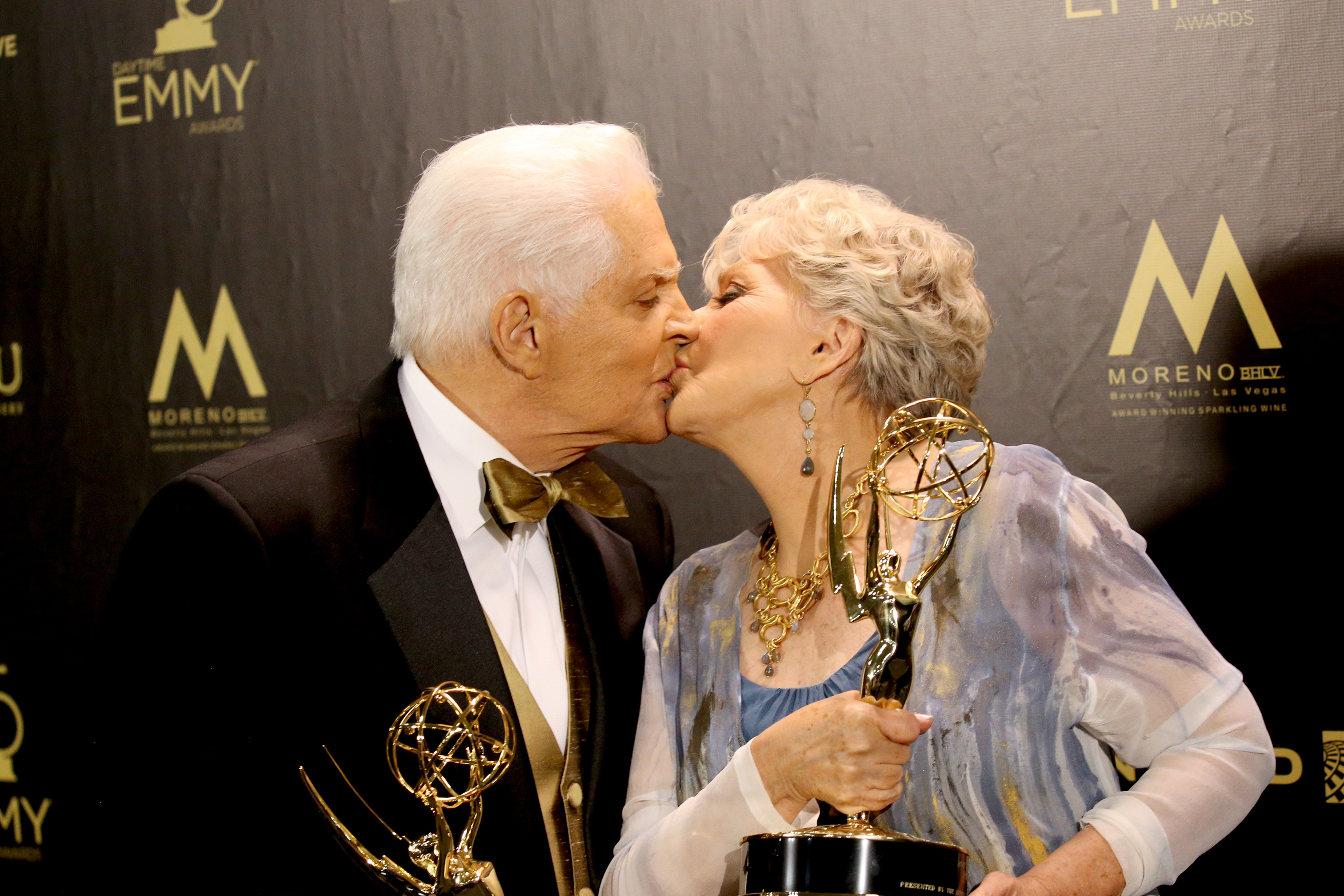 Honorees Bill Hayes and his wife Susan Seaforth Hayes pose with the Lifetime Achievement Award in the press room during the 45th annual Daytime Emmy Awards at Pasadena Civic Auditorium on April 29, 2018 in Pasadena, California | Source: Getty Images