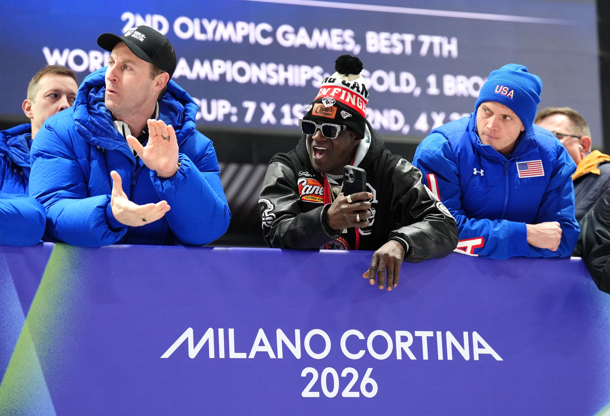 Flavor Flav watches the Women's Monobob Bobsleigh during the Winter Olympic Games at the Cortina Sliding Centre on February 15, 2026, in Cortina d'Ampezzo, Italy | Source: Getty Images