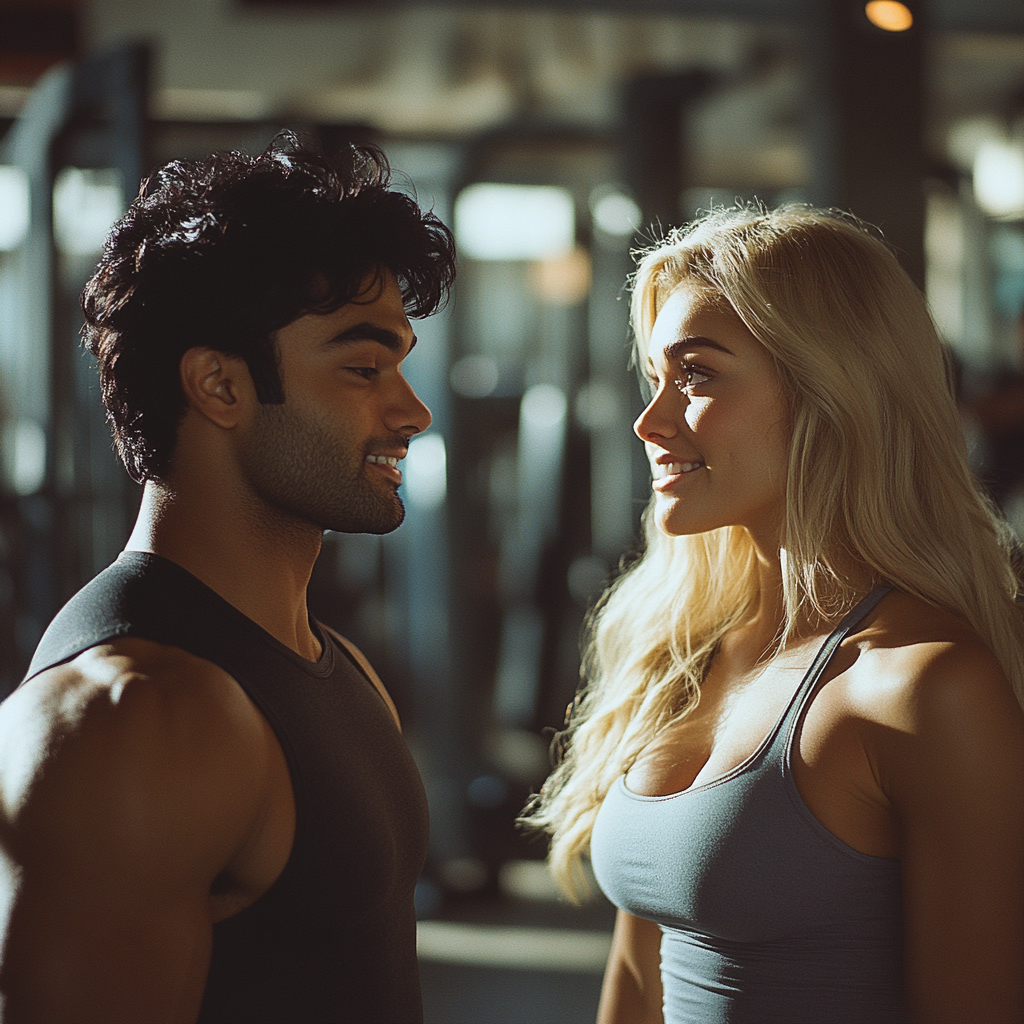 A man and woman flirting at the gym | Source: Midjourney