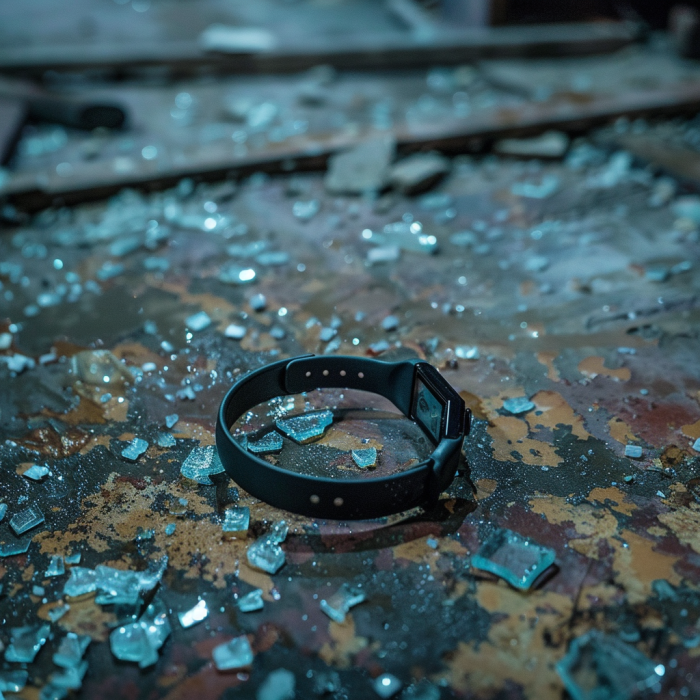 A fitness bracelet lying on the floor covered with pieces of broken glass | Source: Midjourney