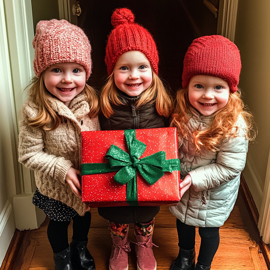 Triplets with a Christmas present | Source: Midjourney