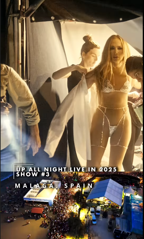 Jennifer Lopez dressing for the stage in a sheer white bodysuit and robe before the Malaga concert in her "Up All Night" tour. From a post dated July 16, 2025. | Source: Instagram/jlo