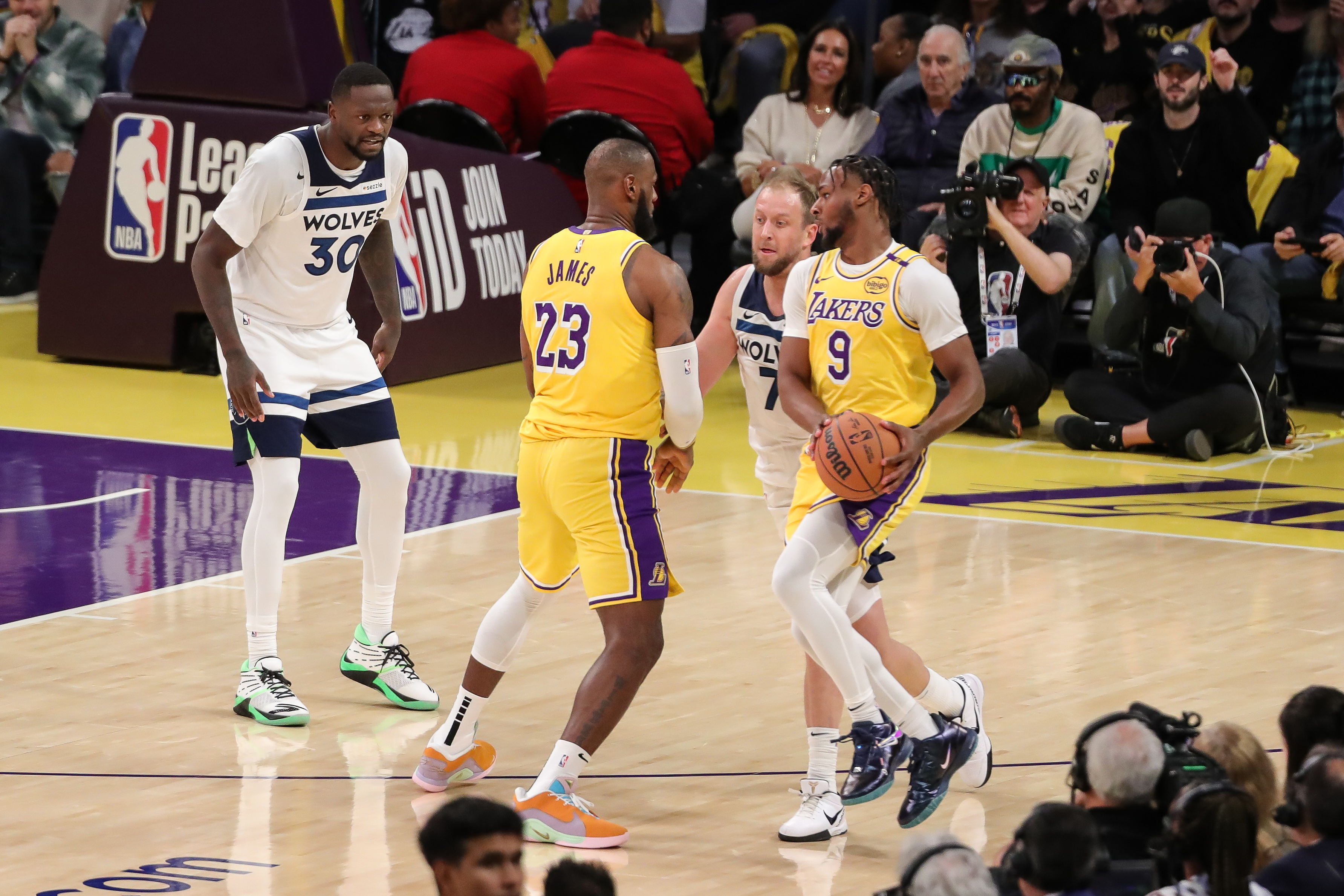 LeBron and Bronny James during the Minnesota Timberwolves vs Los Angeles Lakers game on October 22, 2024, at Crypto.com Arena in Los Angeles, California | Source: Getty Images