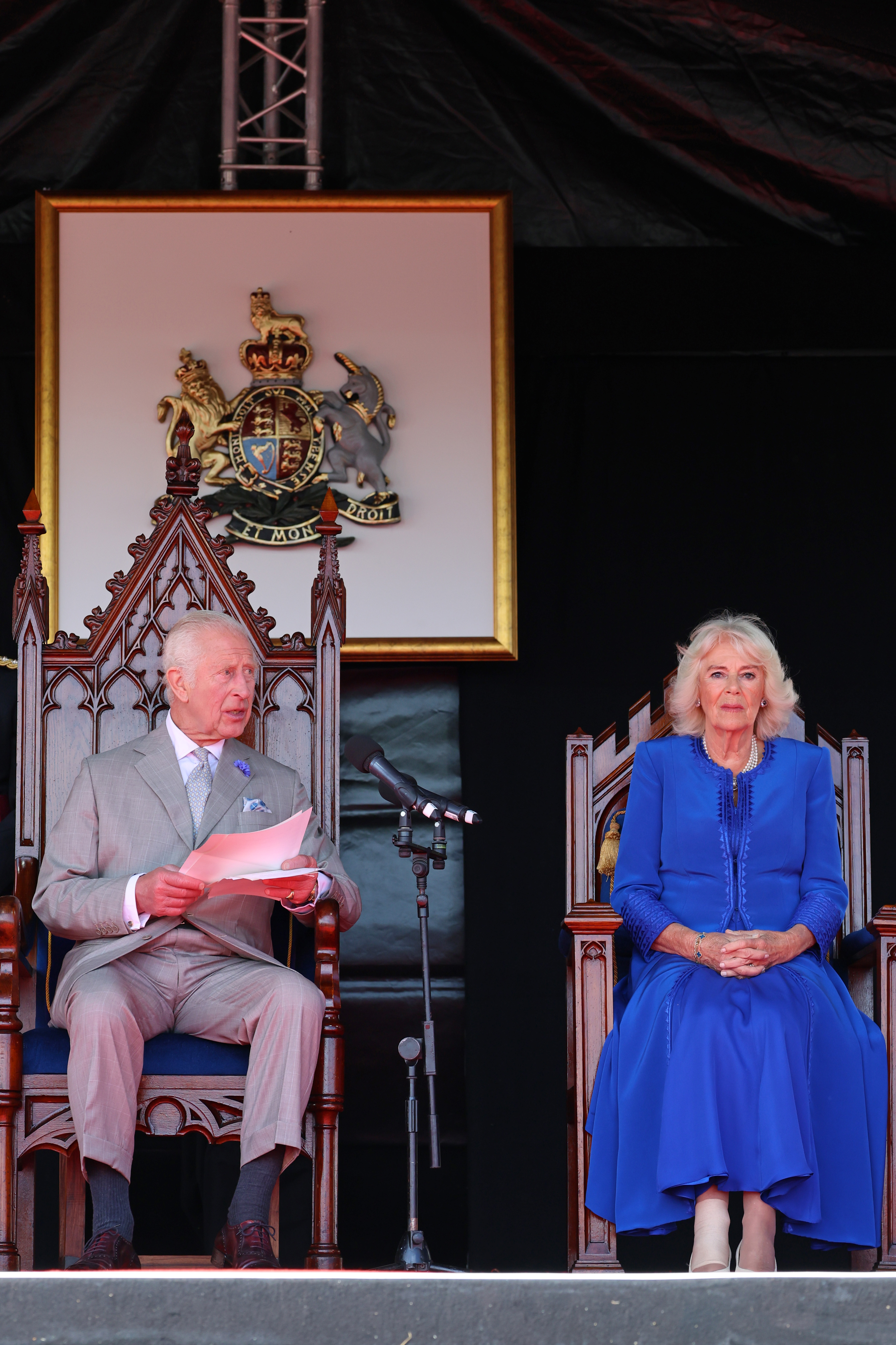 King Charles III and Queen Camilla at the Special Sitting of Guernsey's Parliament during their official visit to St Peter Port, Guernsey on July 16, 2024 | Source: Getty Images