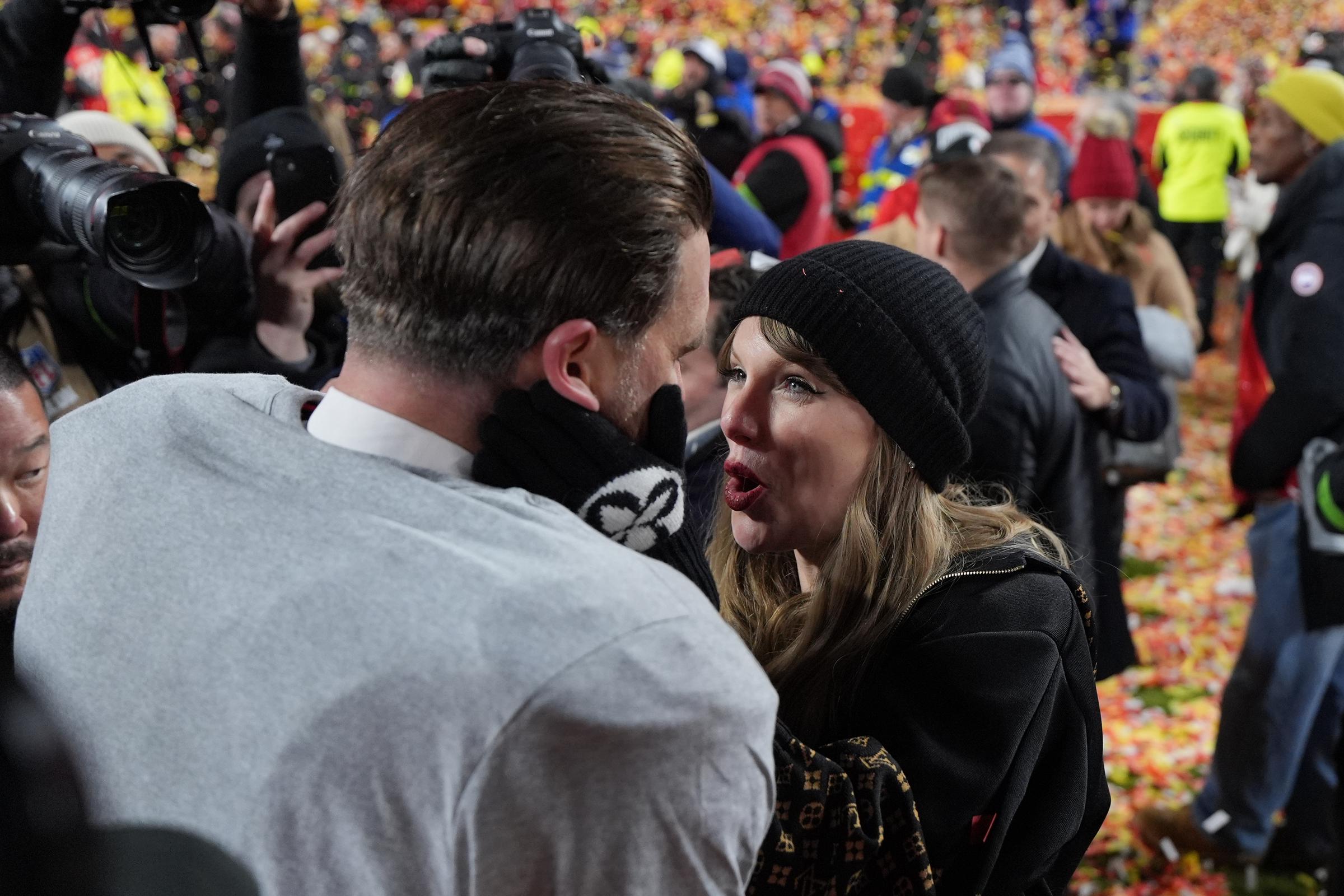 Travis Kelce #87 of the Kansas City Chiefs and Taylor Swift celebrate a win against the Buffalo Bills in the AFC championship game at GEHA Field at Arrowhead Stadium on January 26, 2025, in Kansas City, Missouri | Source: Getty Images