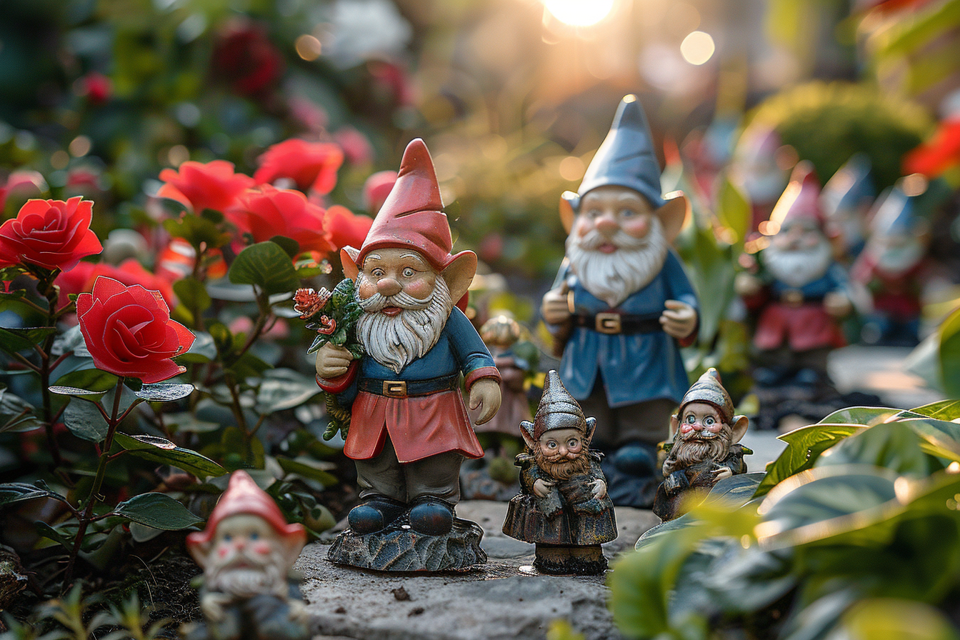 An assortment of gnome figurines in a beautiful garden | Source: Midjourney