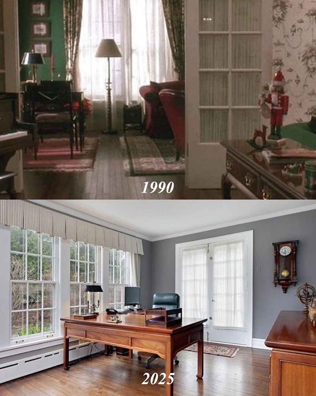 The lived-in sitting room where holiday chaos once reigned is now a polished home office — soft greys, clean woods, and streams of natural light redefine the space without erasing its traditional soul. | Source: Instagram/kjp