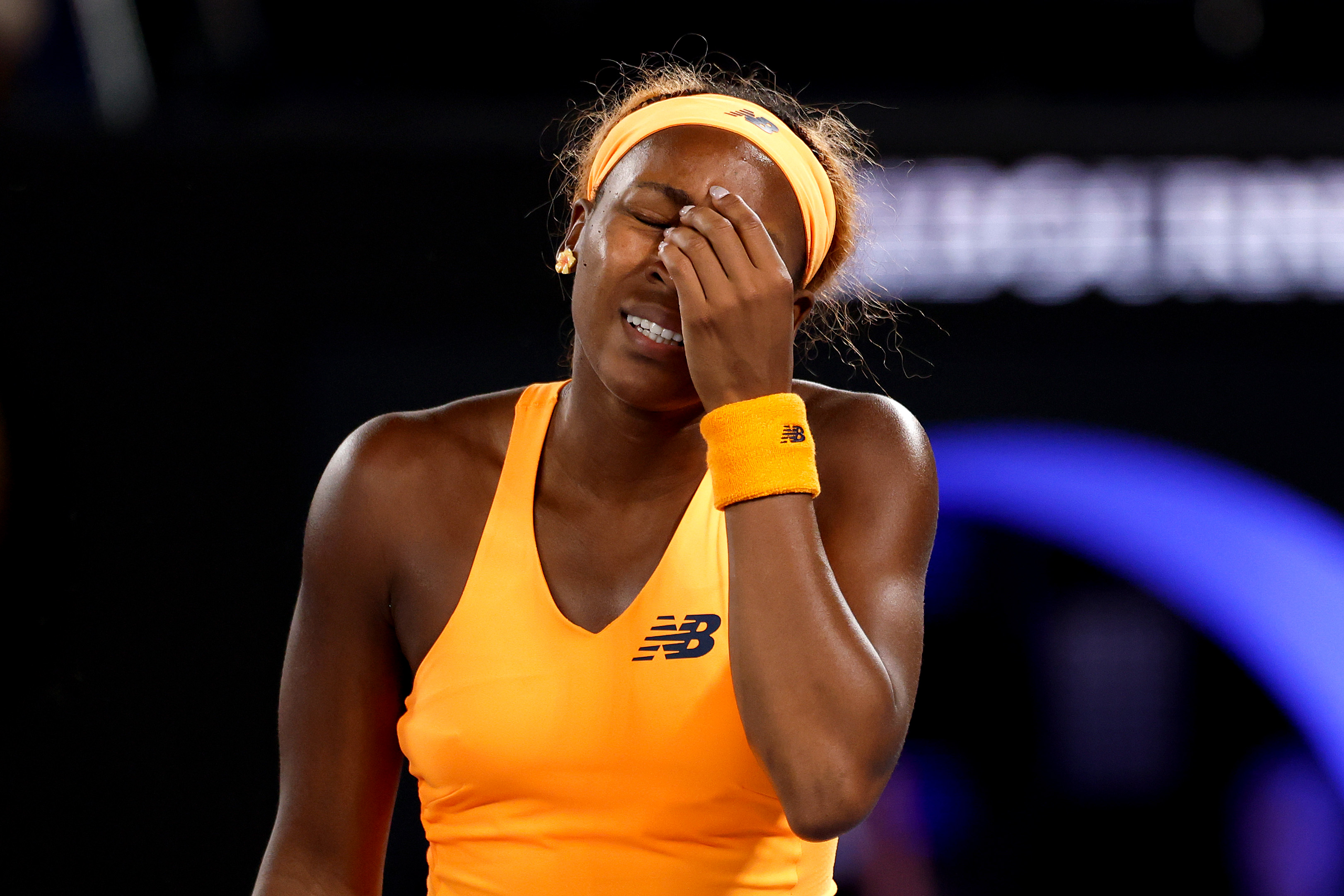 Coco Gauff reacts on January 27, 2026 | Source: Getty Images