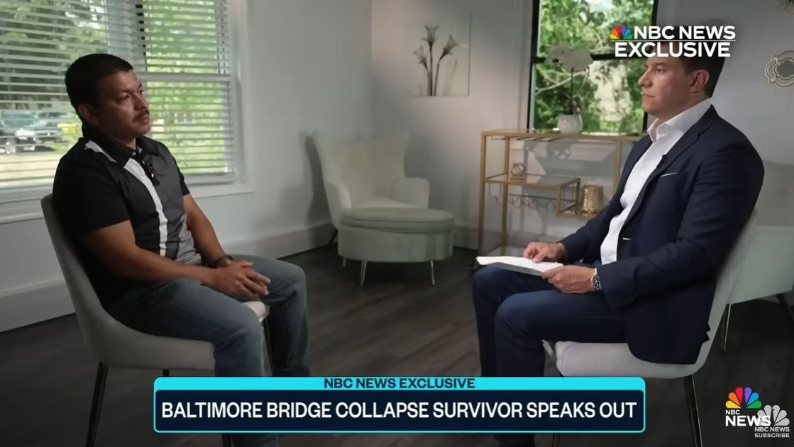 Julio Cervantes Suarez speaks to NBC News' Tom Llamas, detailing his survival and experience during the deadly Baltimore bridge collapse on March 26, in an interview posted on July 11, 2024. | Source: YouTube/NBCNews