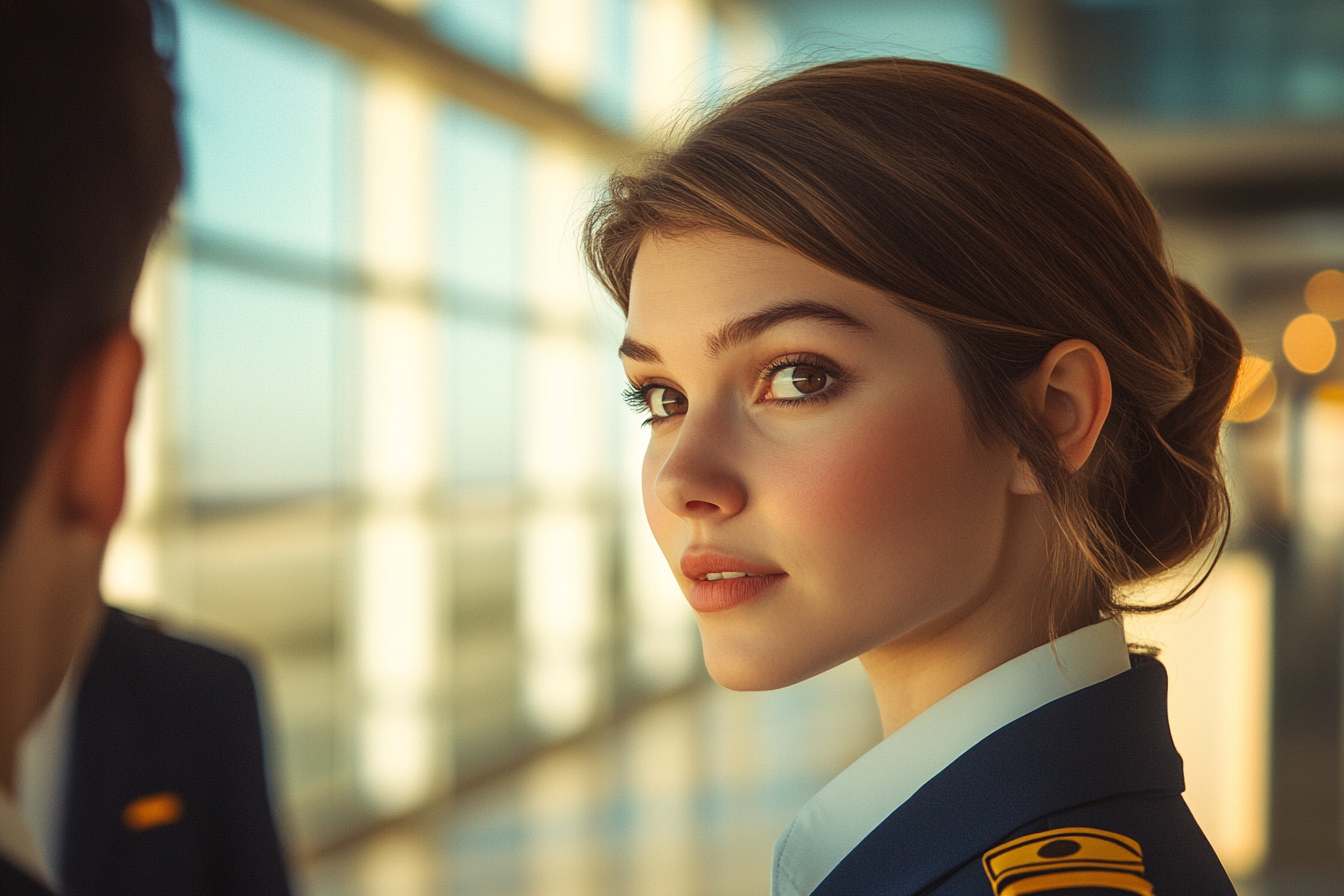 A flight attendant talking to a man | Source: Midjourney