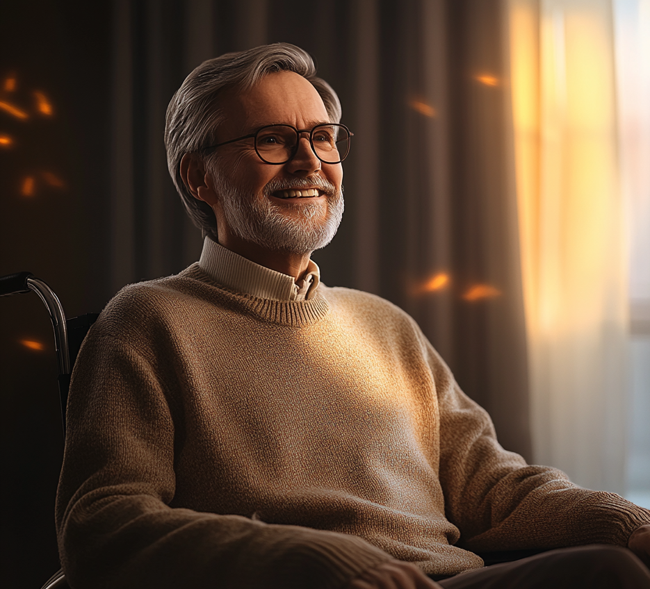 A man sitting in a wheelchair and smiling | Source: Midjourney