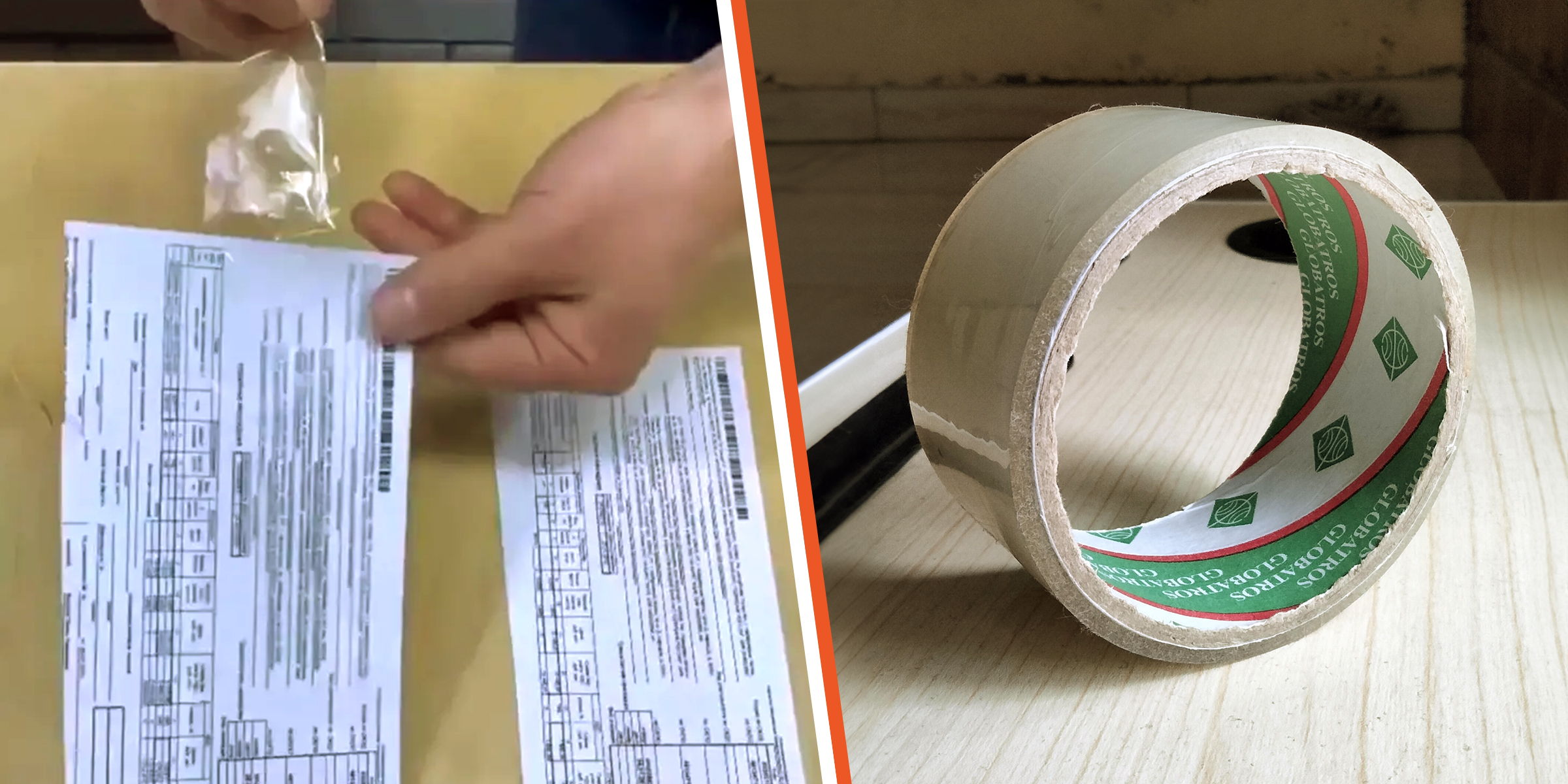 A person holding a piece of paper with tape attached to it | A transparent tape roll | Source: Shutterstock | Reddit/r3dl3mon