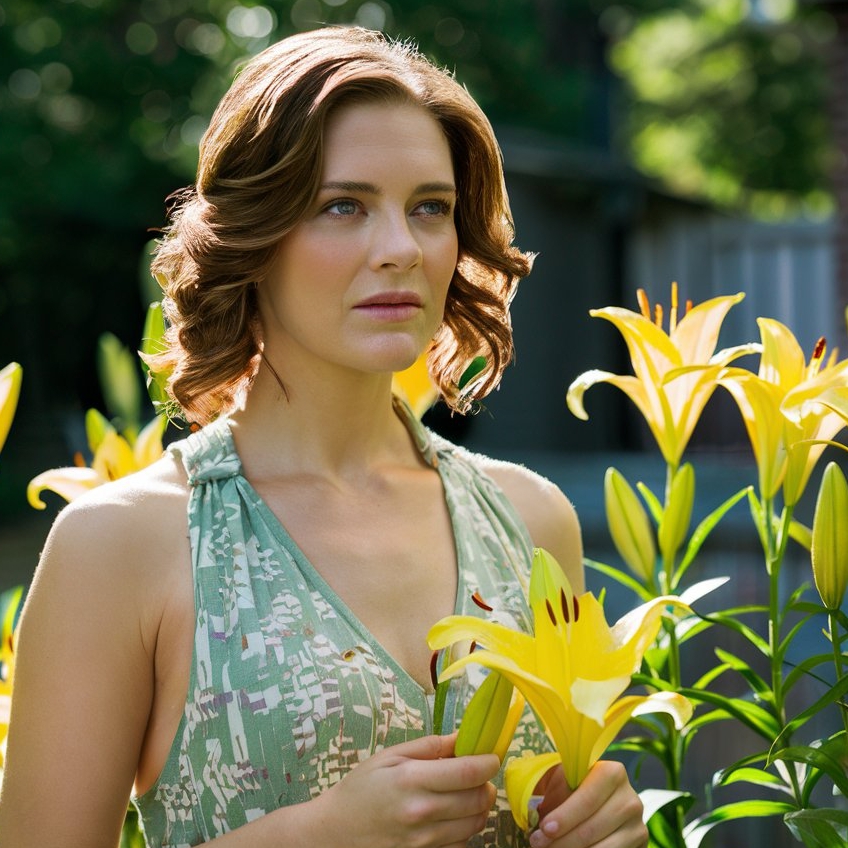 A woman in a brightly-lit lily garden | Source: Midjourney