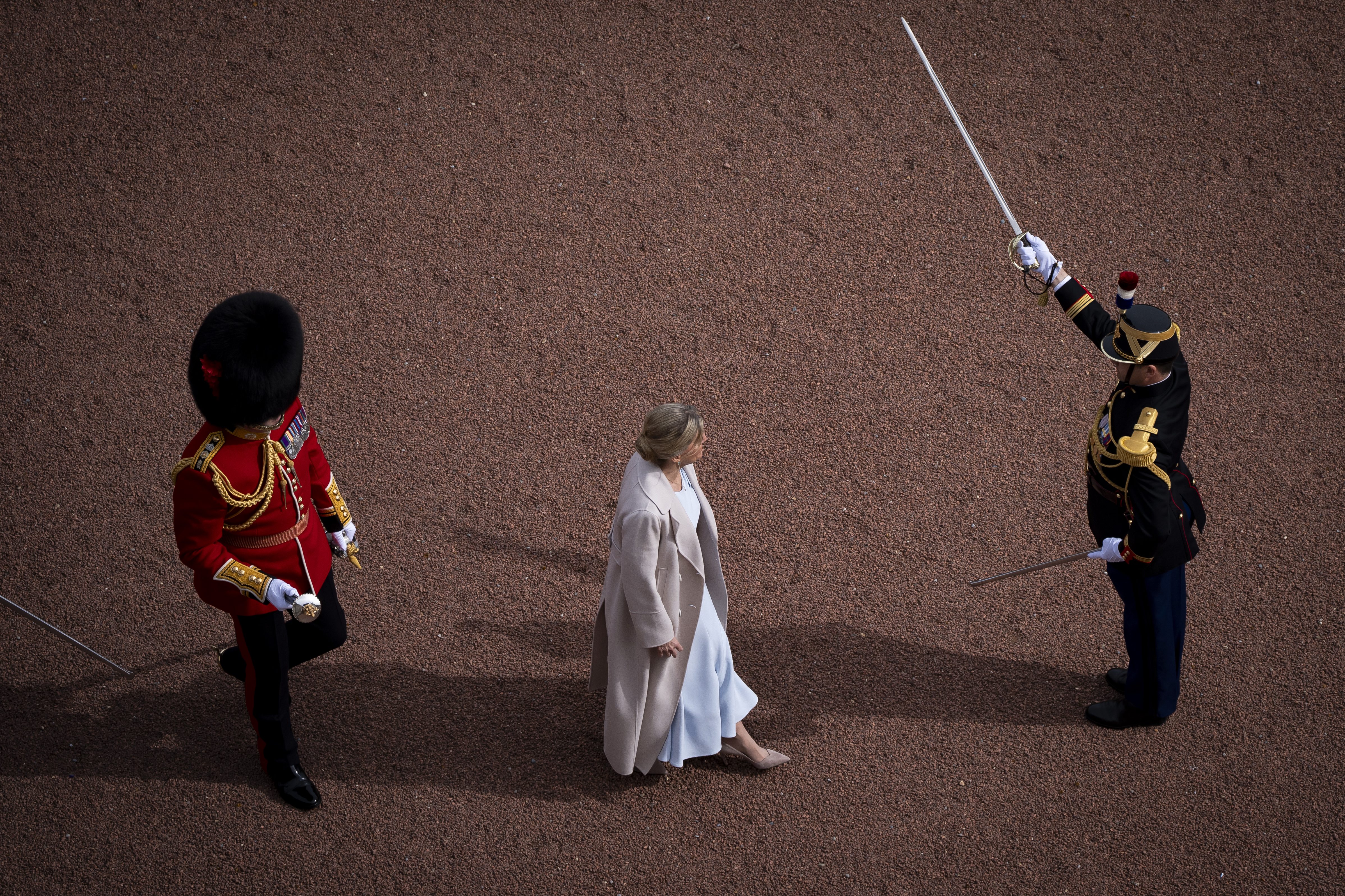 Sophie, Duchess of Edinburgh with guards at Buckingham Palace on April 8, 2024 in London, England | Source: Getty Images