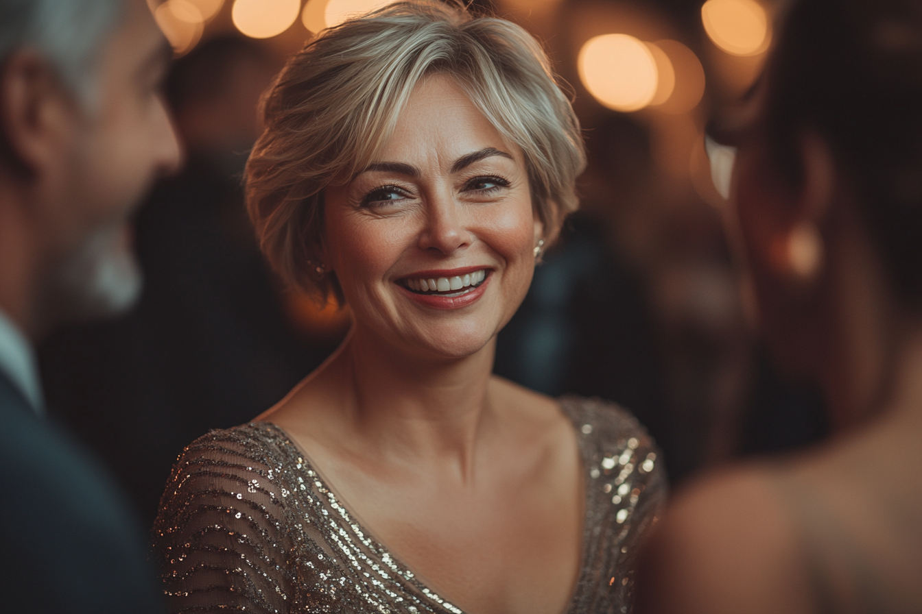 An elegant woman smiling at a party | Source: Midjourney