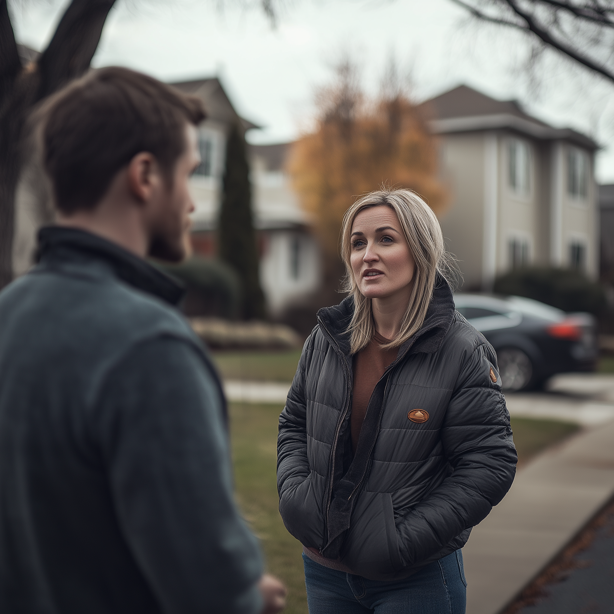 A proud woman talking to a man in a neighborhood | Source: Midjourney