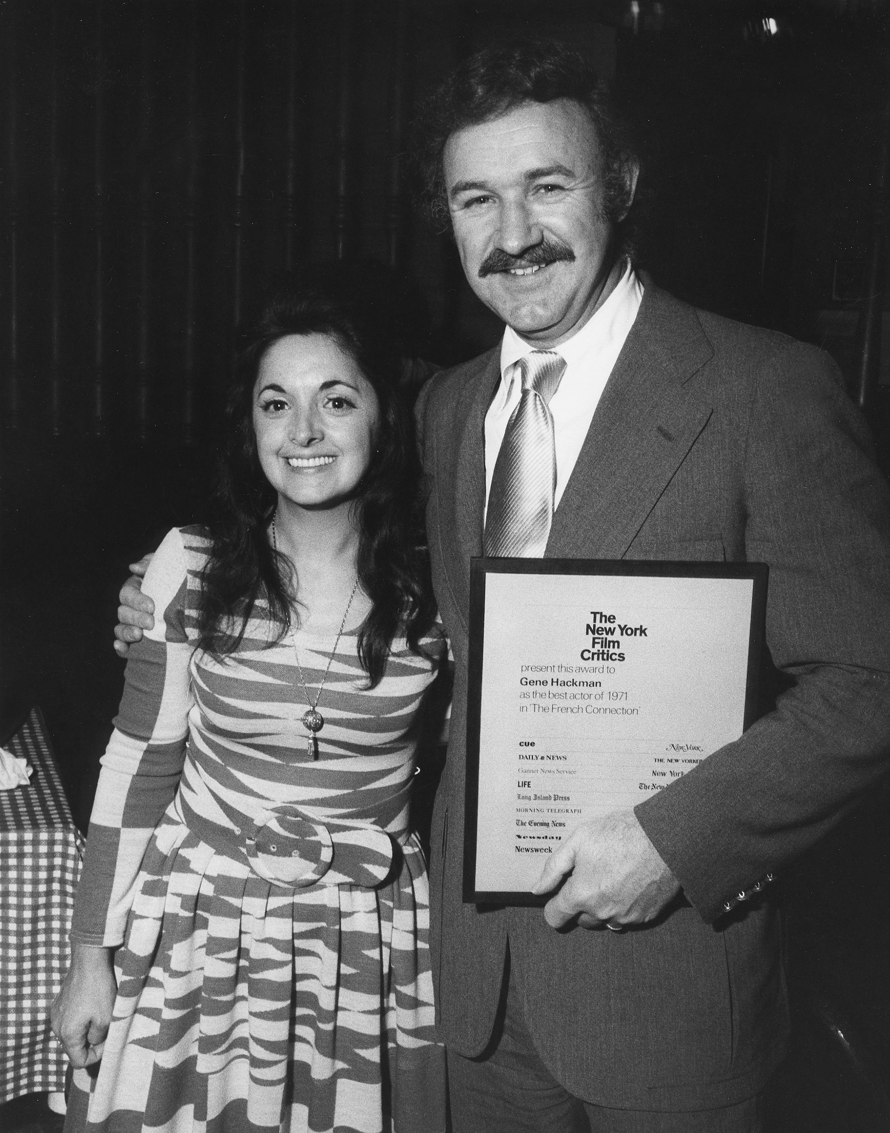 Gene Hackman and Faye Maltese at the New York Film Critics Award in 1972 | Source: Getty Images