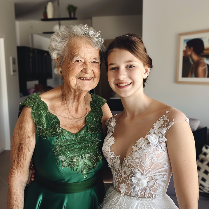 A grandmother with her granddaughter on her wedding day | Source: Midjourney
