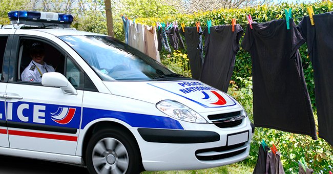 Ein Polizeiauto neben einer Wäscheleine mit aufgehängter Wäsche. | Quelle: Shutterstock