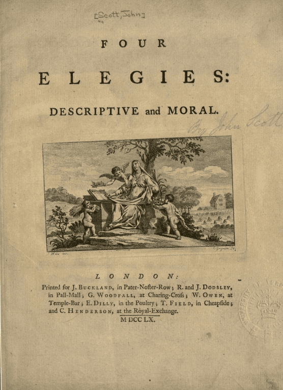 Front page of "Four Elegies, Descriptive and Moral" by John Scott of Amwell, published 1760 | Source: Wikimedia Commons