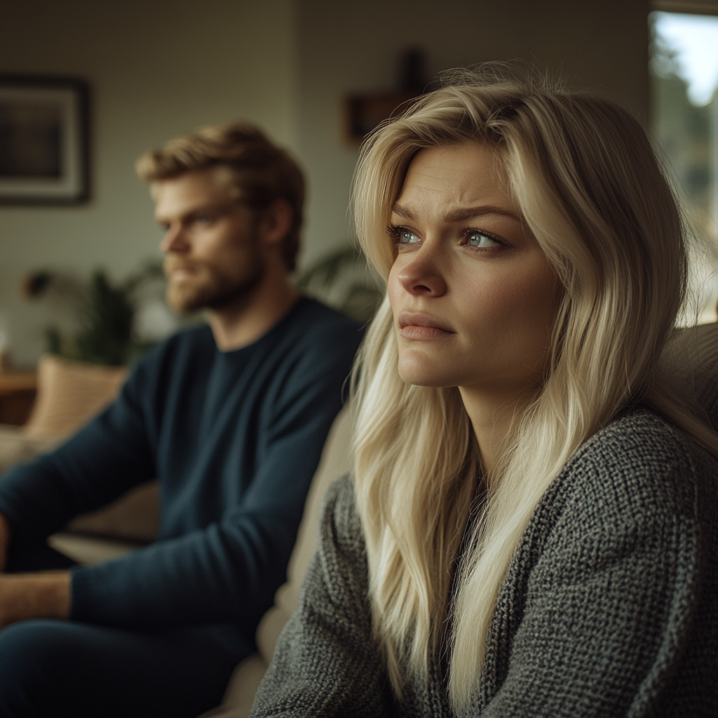 A woman looks sad and thoughtful while sitting in the living room with her husband | Source: Midjourney