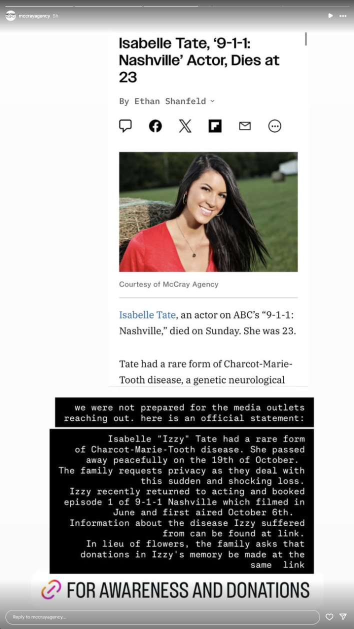 The agency's announcement about Isabelle Tate's passing | Source: Instagram/mccrayagency