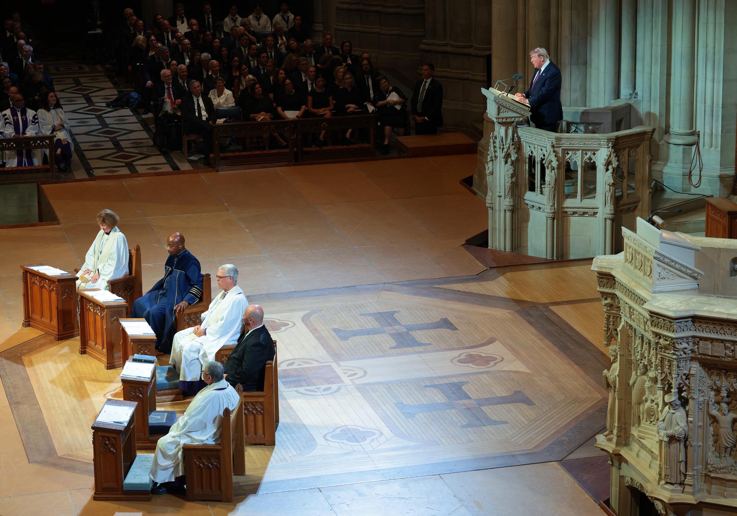 Speaking from the pulpit at Washington National Cathedral, U.S. President Donald Trump briefly departed from his prepared remarks, drawing laughter before returning to his tribute to late Sen. Lindsey Graham. | Source: Getty Images