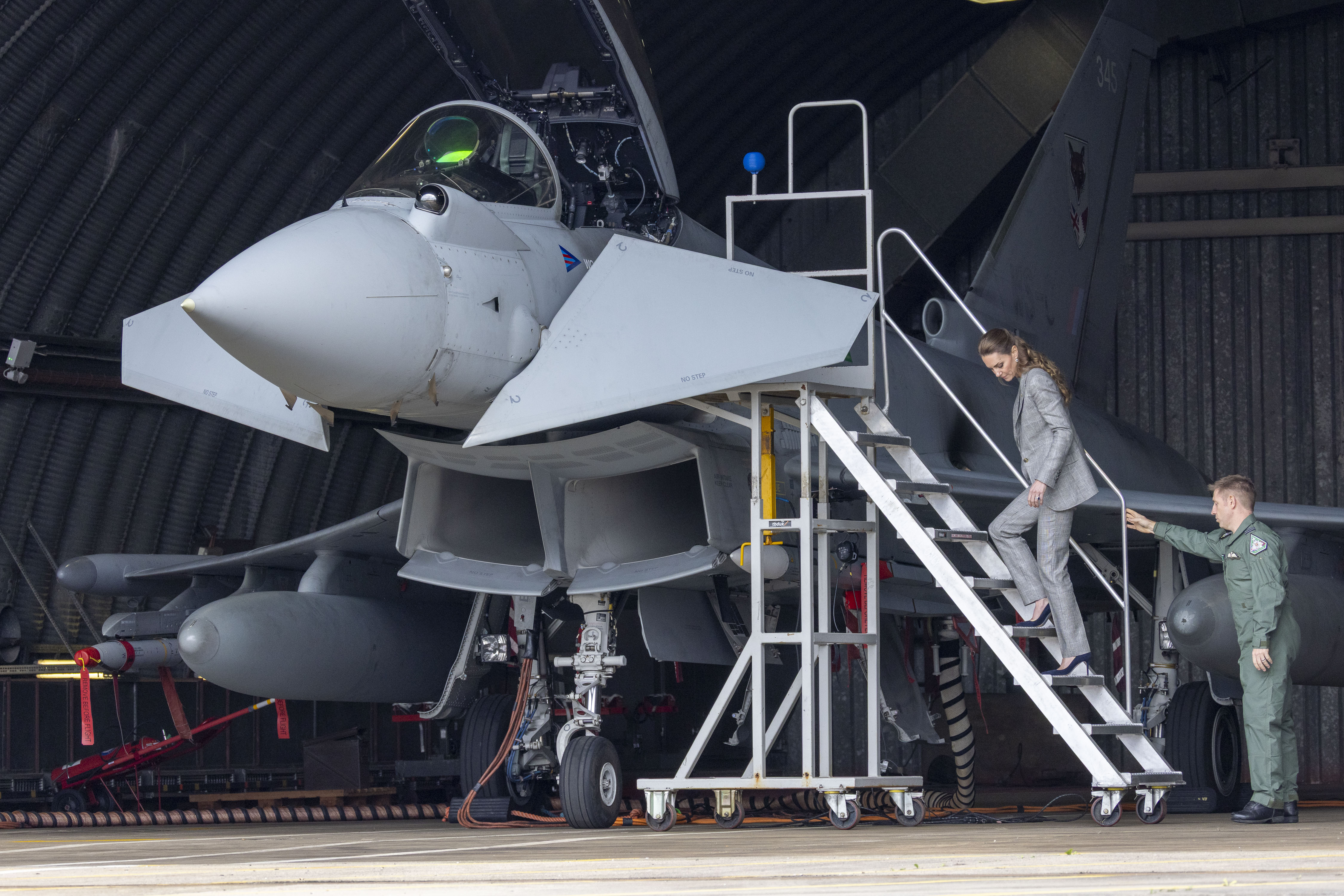 Catherine, Princess of Wales, Royal Honorary Air Commodore, is shown a Typhoon aircraft as she is given a tour of the new Typhoon Future Synthetic Training facility at RAF Coningsby in Lincolnshire | Source: Getty Images
