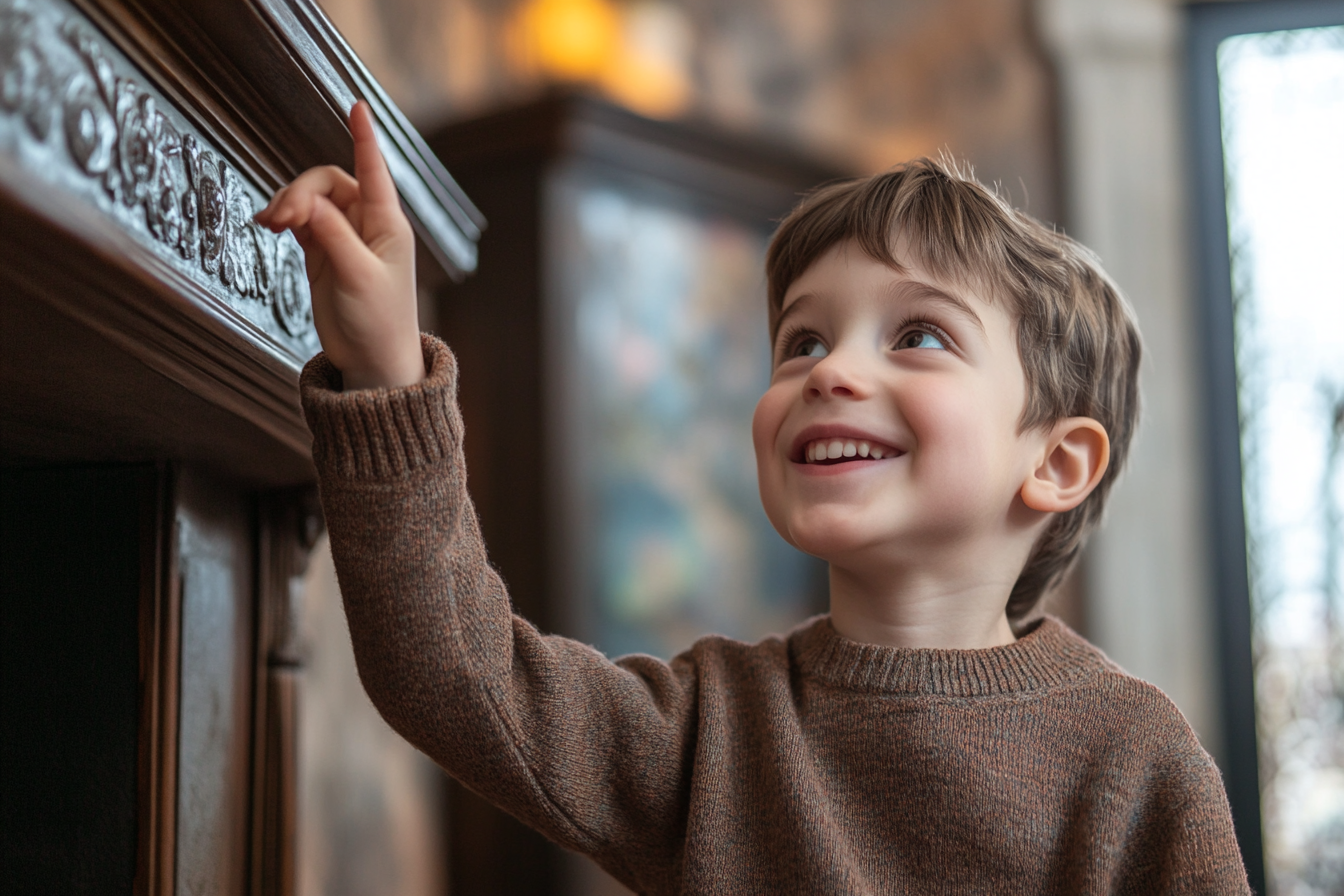 A boy pointing at a mantel | Source: Midjourney