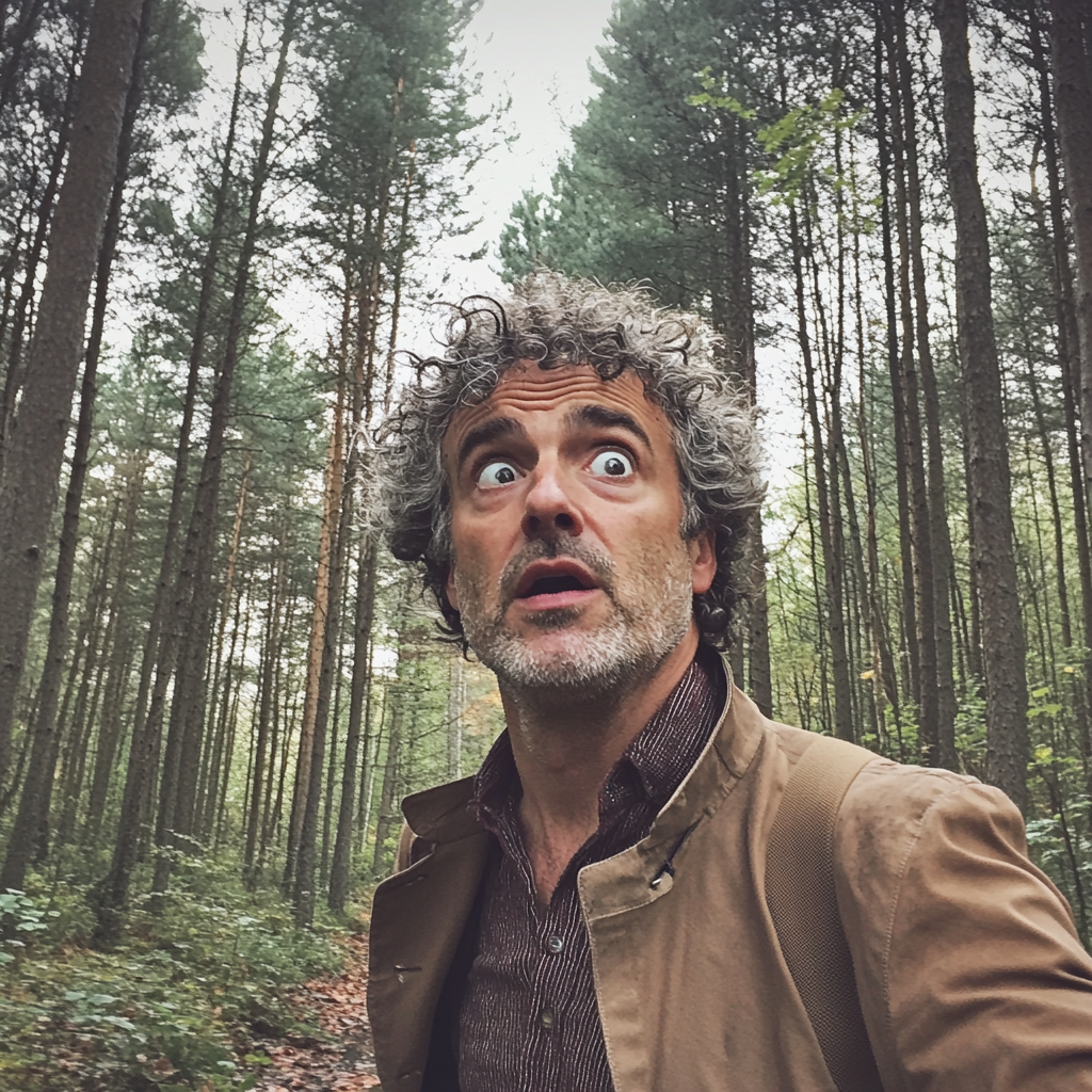 A shocked man in a forest | Source: Midjourney