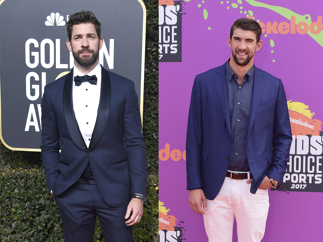 John Krasinski attends the 76th Annual Golden Globe Awards at The Beverly Hilton Hotel on January 6, 2019 in Beverly Hills, California | Michael Phelps attends the 2017 Nickelodeon Kids' Choice Sports Awards at Pauley Pavilion on July 13, 2017 in Los Angeles, California | Source: Getty Images