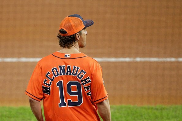 Matthew McConaughey is on the field to announce “Play Ball!” before the first pitch in Game Seven of the 2019 World Series between the Houston Astros and the Washington Nationals | Photo: Getty Images