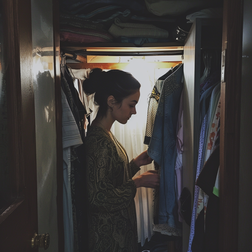 A woman looking through her closet | Source: Midjourney