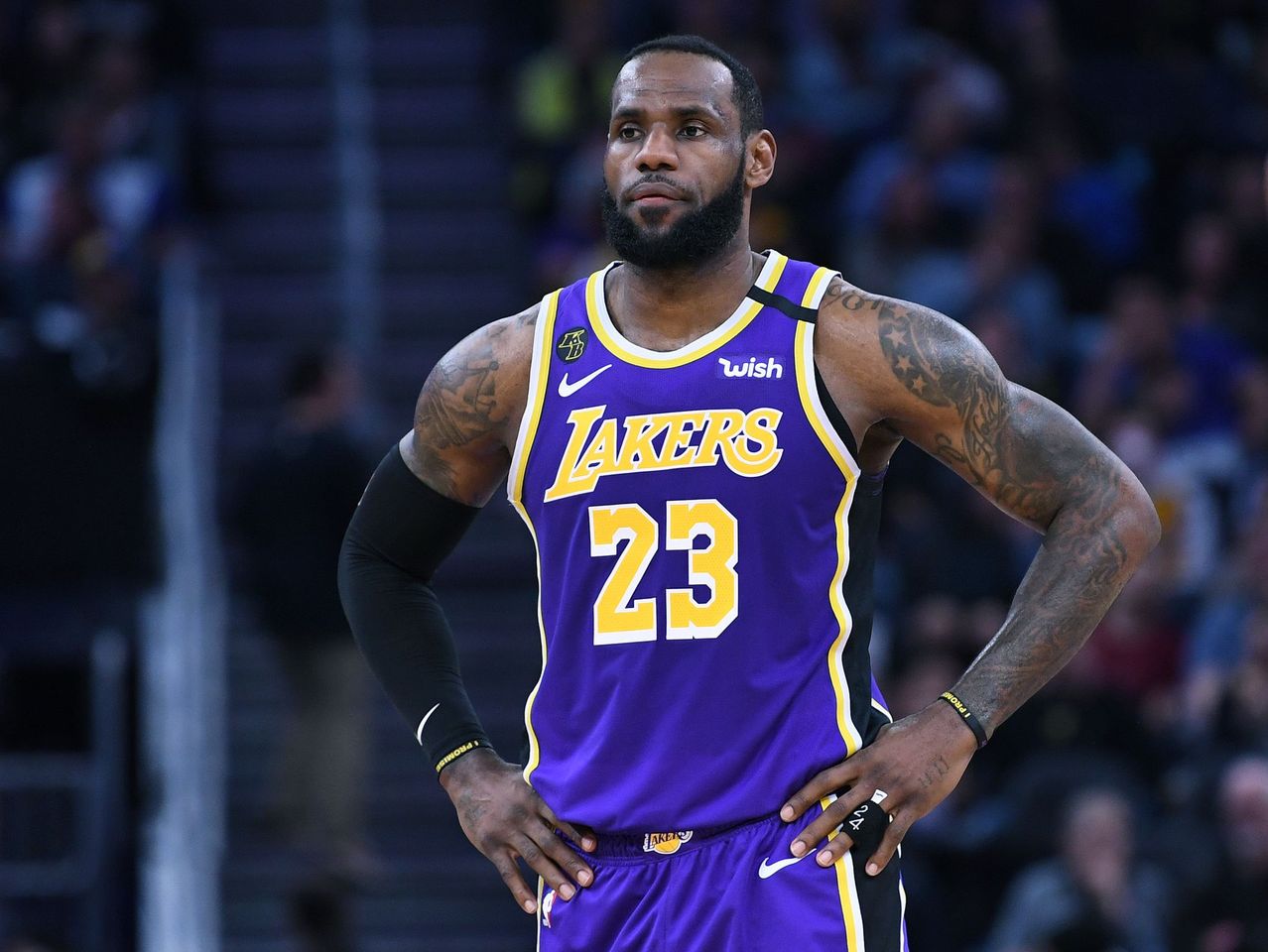 LeBron James #23 of the Los Angeles Lakers looks on against the Golden State Warriors during an NBA basketball game at Chase Center on February 08, 2020. | Source: Getty Images