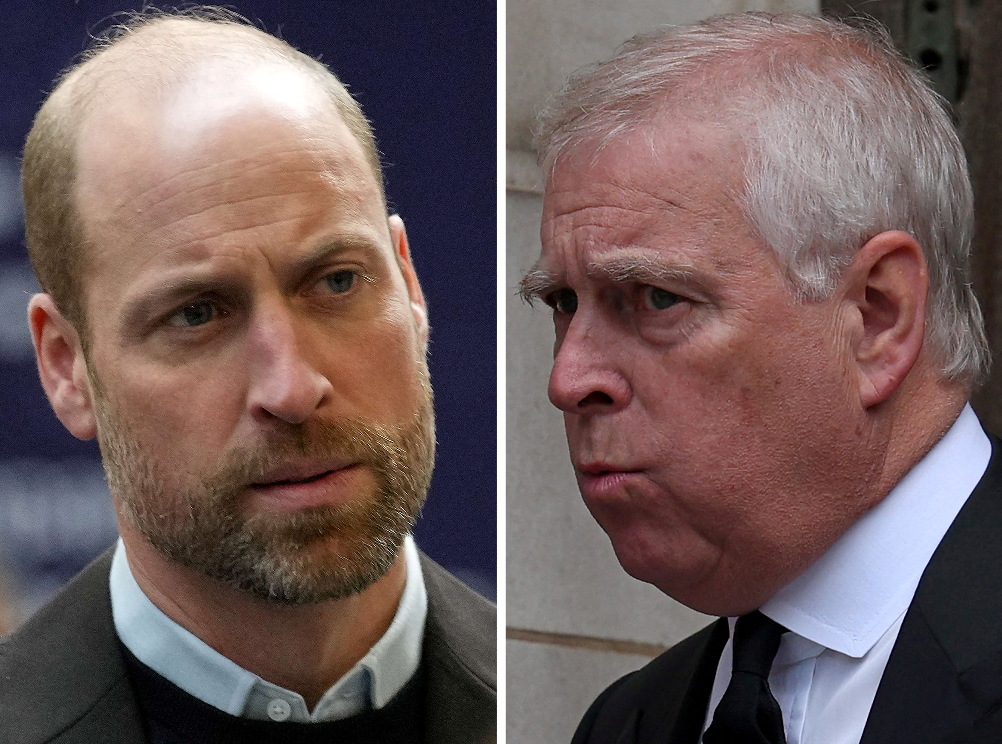 A combination showing Prince William in the city of Bristol, south-west England, on January 22, 2026; and Andrew Mountbatten-Windsor at Westminster Cathedral in London on September 16, 2025 | Source: Getty Images