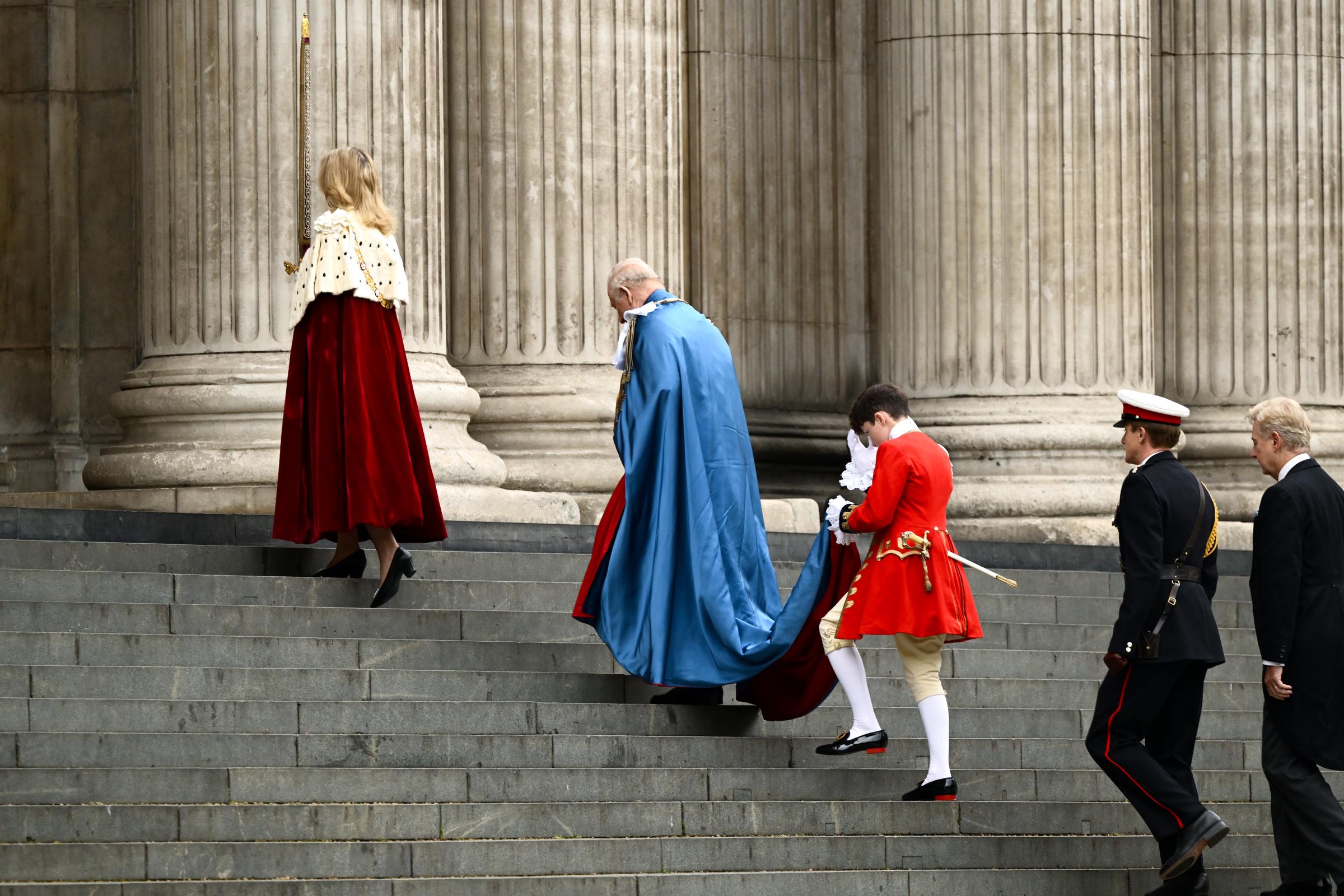 King Charles III departs from the Service For The Order of St Michael And St George at St Paul's Cathedral on May 07, 2026 in London, England | Source: Getty Images